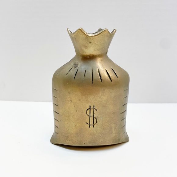 Vintage Brass Figurine Money Bag Vase Pouch Heavy Bank 1960s - Picture 3 of 8